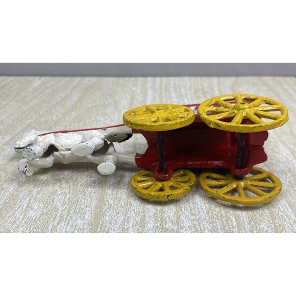 Vintage Cast Iron Horse Drawn Carriage Ice Cart Truck Wagon Toy Red White - Picture 4 of 9